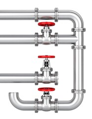 A close-up shot displays a metallic pipe system with several valves with red handles. The pipes have flanges