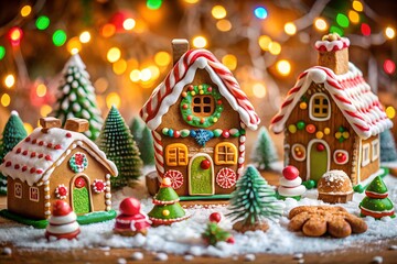 Whimsical christmas gingerbread village scene with miniature decorated houses and festive lights creating a magical holiday atmosphere