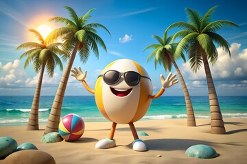 Joyful cartoon egg character wearing sunglasses and a smile on a sunny tropical beach with palm trees and ocean waves