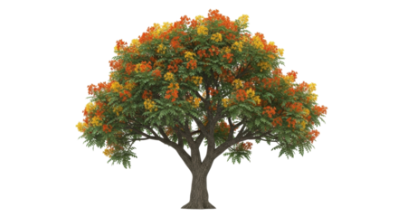 Isolated Royal Poinciana tree displaying its vibrant orange and yellow flowers in full bloom