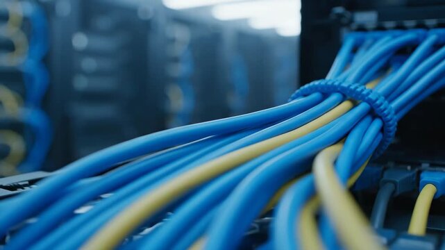 Network Cables in Server Room - Close-up of blue and yellow network cables neatly bundled and connected to a server rack in a data center.