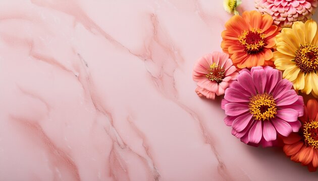 Mother's day concept. Pink, orange and yellow zinnia flowers on a pale pink marble backround with copy space. Generated image