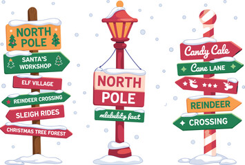Fototapeta premium Colorful Christmas signposts with Santa’s workshop, elf village, reindeer crossing, and North Pole directions, festive winter holiday illustration