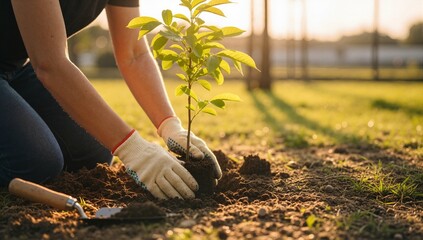 A person planting a young tree sapling in a garden during a golden sunset. Hands in gloves caring for a new plant. Environmental conservation and Earth Day concept