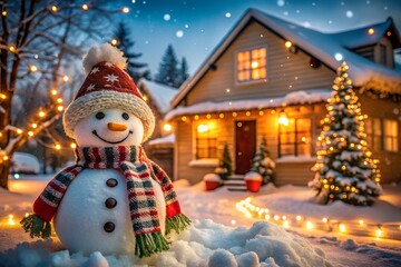 Charming snowman with festive scarf and hat stands proudly in a snowy yard decorated with twinkling christmas lights and a cozy house