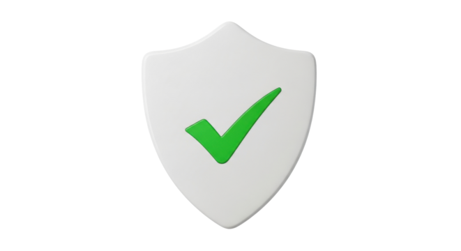 Isolated 3D render of a shield icon with a green check mark, symbol for security and protection