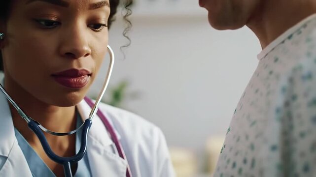 Close-up of a healthcare professional using a stethoscope to listen to a heartbeat. Concepts of medical examination, healthcare services, and doctor-patient interaction in a clinical setting.