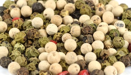 A close-up shot displays a mix of dried peppercorns in shades of white, green, and black, creating a textured surface