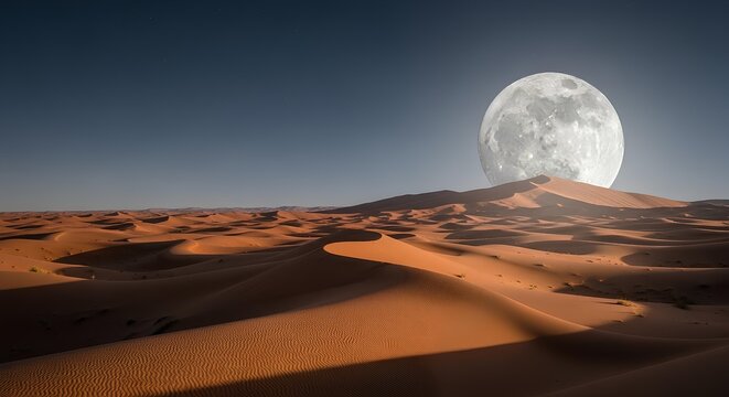 A vast desert landscape with rolling sand dunes under a clear blue sky, featuring a prominent full moon rising behind a distant hill.
