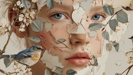 A woman's face is covered in leaves and branches, giving the impression of a natural, organic look. The image is a creative and artistic representation of the beauty of nature and the human form - Powered by Adobe