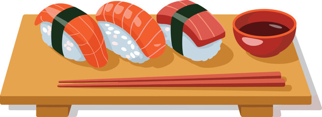 Japanese sushi set illustration with nigiri, chopsticks, and soy sauce bowl on wooden tray, traditional Asian food concept