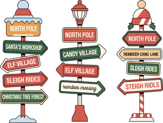 Colorful Christmas signposts with Santa’s workshop, elf village, reindeer crossing, and North Pole directions, festive winter holiday illustration ©  Creative vectors