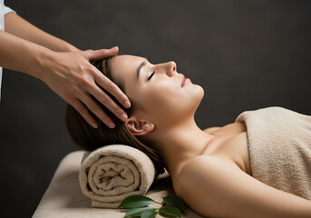 Serene woman enjoying tranquil spa treatment with gentle head massage, eyes closed in blissful relaxation, wellness and self-care imagery
