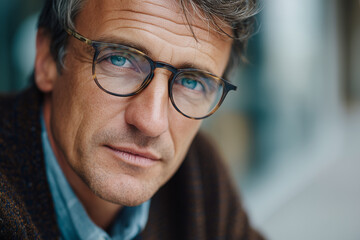 Close-up portrait of a smiling senior man with glasses, expressing a mature, casual look
