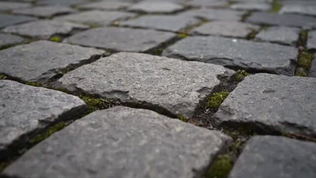 Cobblestone Pavement Detail - A close-up video shows a section of cobblestone pavement, with small patches of moss growing between the stones.
