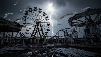 Abandoned amusement park at night during a lightning storm. Spooky derelict carnival with a rusty ferris wheel. Post-apocalyptic horror and Halloween concept