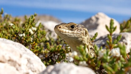 Obraz premium A curious reptile peeks through vibrant green foliage and smooth, white rocks against a backdrop of a bright blue sky and distant, blurred mountains