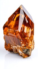 A close-up shot displays a striking, faceted amber-colored mineral crystal with sharp edges and reflective surfaces set against a white backdrop
