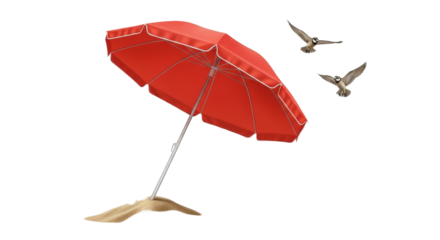 Isolated summer beach umbrella, with two seagulls flying above, in a sunny day setting