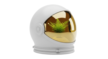 Isolated astronaut helmet containing a green fern, an interesting and quirky indoor planter