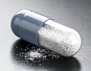 A close-up shot displays a single, partially transparent medicine capsule filled with granules, on a dark reflective surface