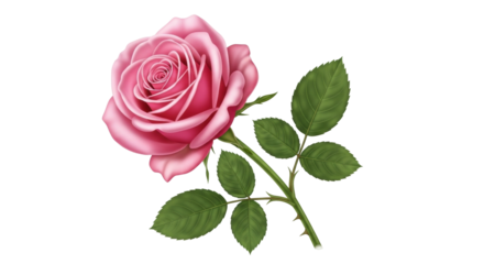 Isolated pink rose blossom with stem and leaves in full bloom, digital art and vector image