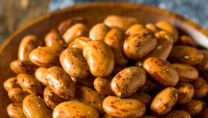 A close-up shot displays a wooden bowl filled with dried, speckled beans. The light brown legumes are scattered loosely, some glistening