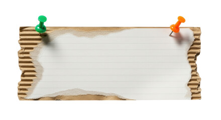 Isolated horizontal banner design, scrap cardboard with lined paper and push pins on top