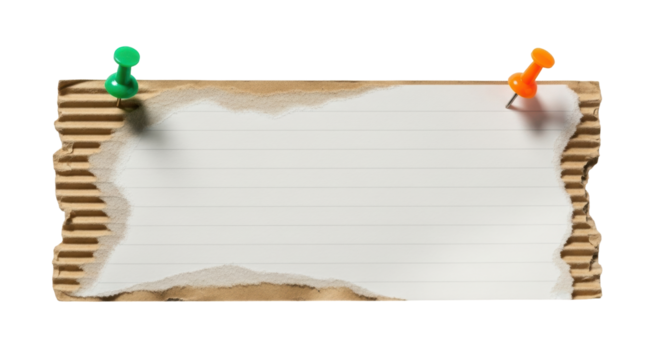 Isolated horizontal banner design, scrap cardboard with lined paper and push pins on top