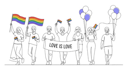 Continuous Line Drawing of Diverse LGBTQ+ People in Pride Parade with Rainbow Flags – Minimalist Celebration Illustration