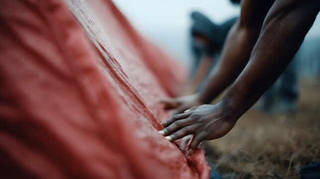 Hands collaborating to erect a red tent outdoor shelter prepa n in a natural environment - Powered by Adobe