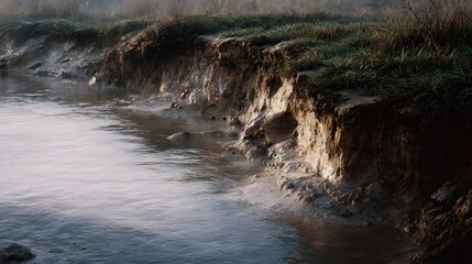 Fototapeta premium An eroded riverbank with visible soil layers grass growing on top and flowing water