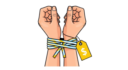 Isolated illustration of two hands tied together with price tag, representing commercialism