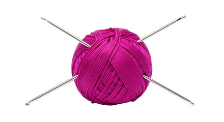 Isolated magenta yarn ball with four crochet hooks, ready for a crafting project