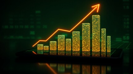 Glowing Bar Chart Rising on Tablet Screen for Financial Growth Investment Success