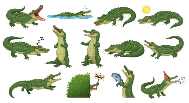 Collection of cartoon crocodiles in various playful poses and activities.