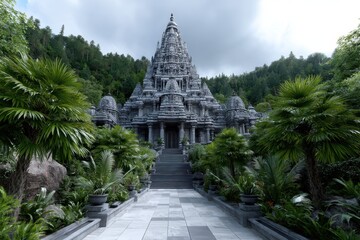 Majestic temple surrounded by lush greenery and palm trees on a cloudy day