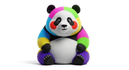 A cute colorful rainbow panda bear toy sitting down with vibrant multicolored fur and red cheeks. © wong