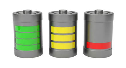 Isolated batteries in various states of charge indicating energy levels, full, low, empty