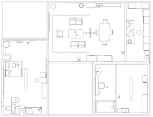 A house blueprint displays interior layout with kitchen centrally positioned between living and bedroom areas. Furniture placement and room dimensions are clearly indicated in contour line style.