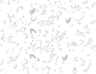 Animated skeleton bones explode outward in a dynamic contour drawing. The black and white illustration features an artistic arrangement of bones on a clean white background.