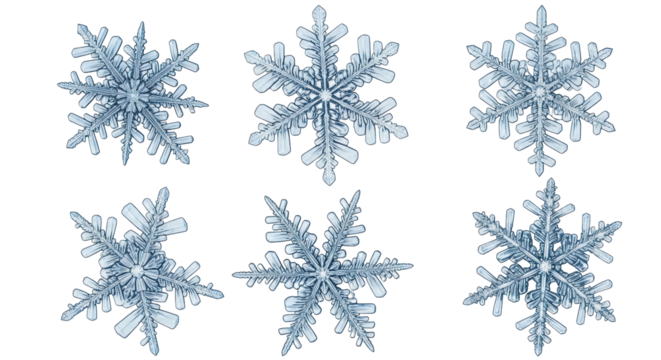 Isolated symmetrical winter snowflakes set for holiday season designs and decorations