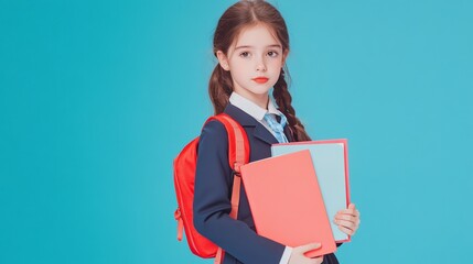 Obraz premium Elementary school student carrying a red backpack and colorful books, ready for the new school year on a vibrant blue background, symbolizing education and back to school