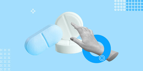 Pharmacology, hormone therapy, medications, and dietary supplements. Hand picks out pills on light blue background. Concept of medicine, healthcare, and pharmaceutical choice. Minimalist art collage