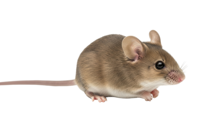 Isolated brown house mouse closeup showing detailed fur features and long tail indoors