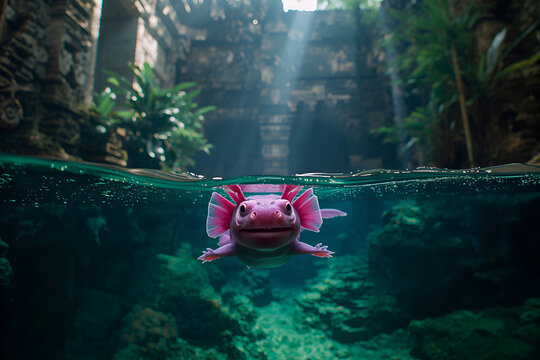 Pink Axolotl in Ancient Aztec Water Temple