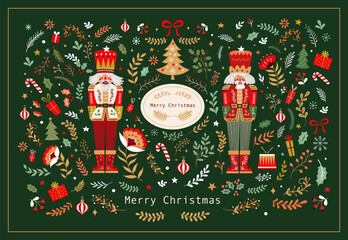 Traditional Merry Christmas greeting illustration. Holiday Christmas card with Nutcracker and decorative elements
