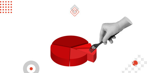 Hand holding fork selecting part of circular chart. Concept of data analysis, business decision, and market segmentation. Minimalist art collage