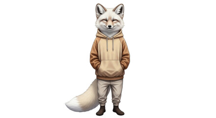 Isolated anthropomorphic arctic fox in hoodie sweatshirt posing with hands in pockets indoors