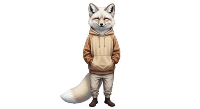 Isolated anthropomorphic arctic fox in hoodie sweatshirt posing with hands in pockets indoors